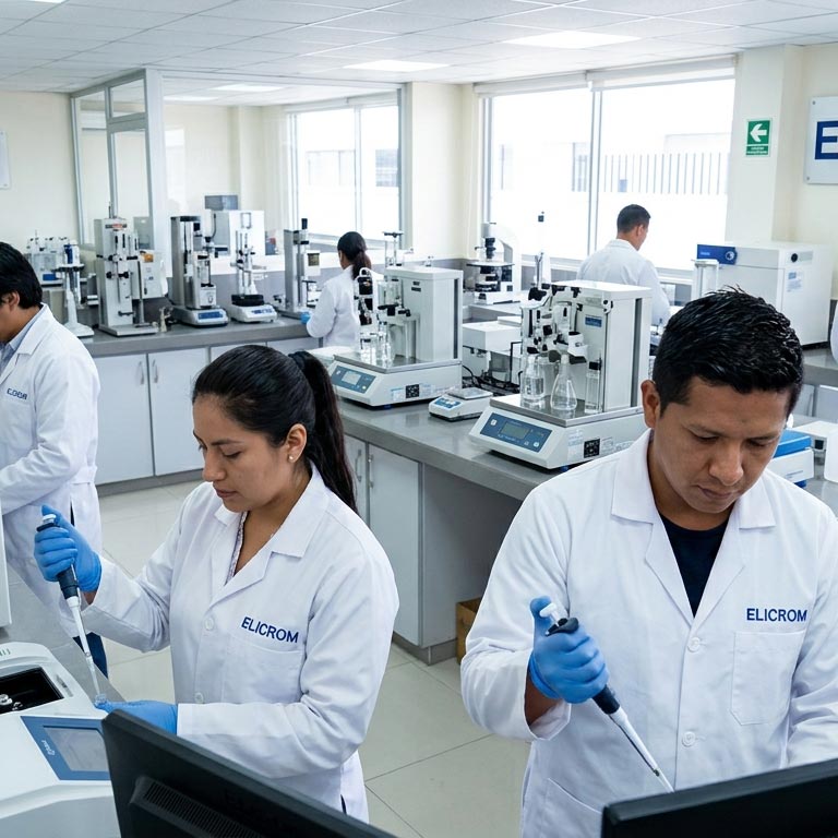 Two lab technicians in white coats and blue gloves use pipettes at a benchtop in a modern laboratory setting.
