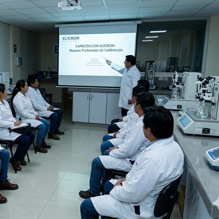 Lab training session: instructor explains calibration protocols to a seated group in white coats around a projector screen labeled ELICROM.