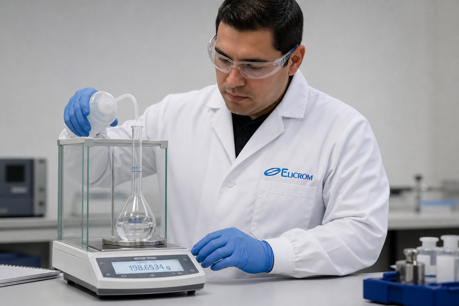 Técnico de ELICROM Argentina calibrando balón de aforo y probeta graduada en Buenos Aires