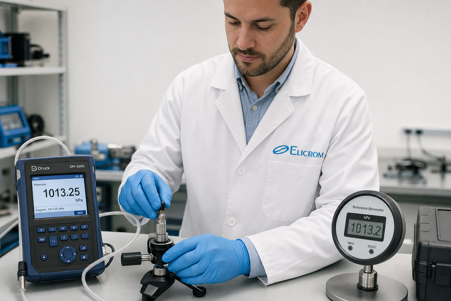 Técnico de ELICROM Argentina calibrando barómetro digital en Buenos Aires
