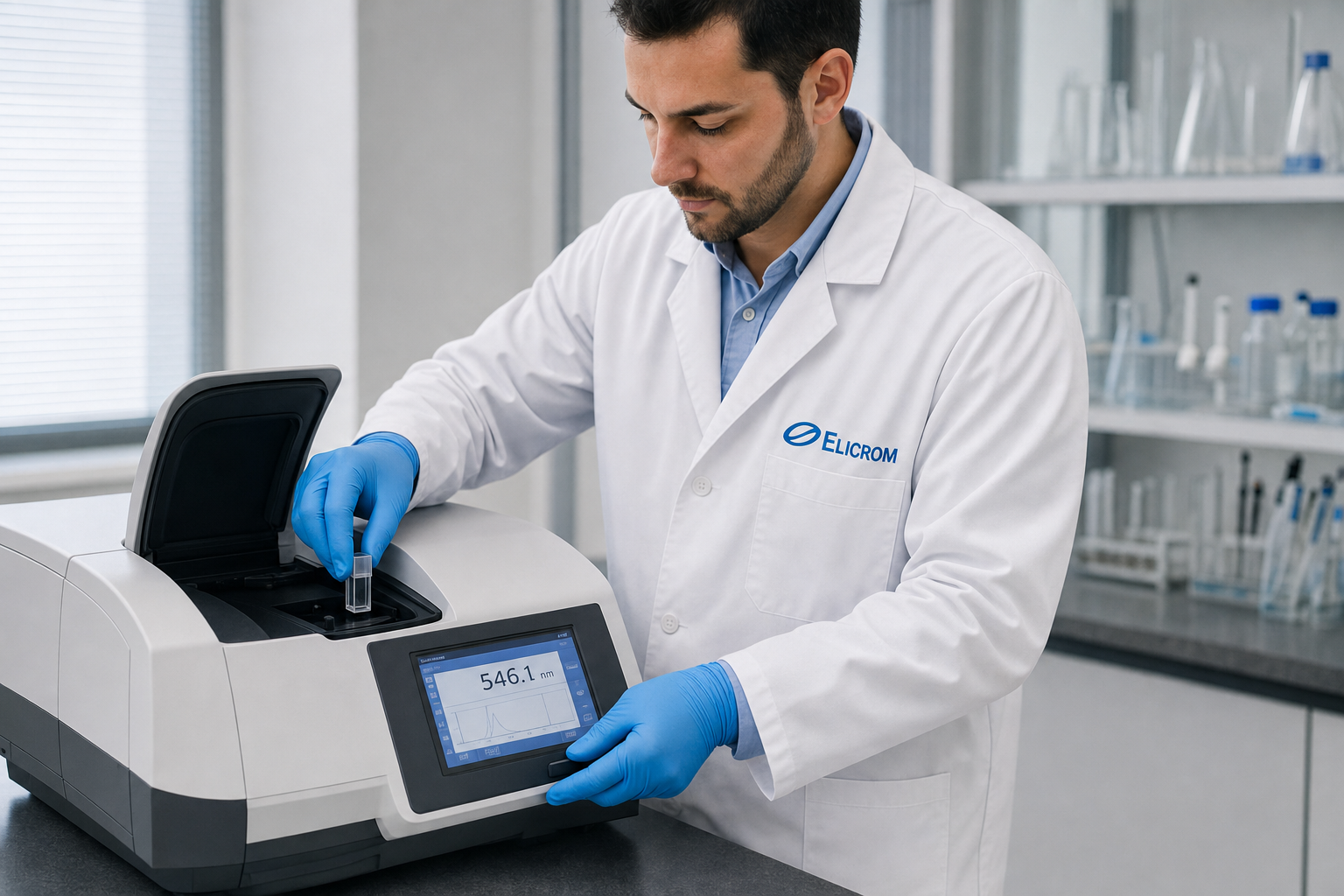 Técnico de ELICROM Argentina calibrando espectrofotómetro UV-VIS en Buenos Aires