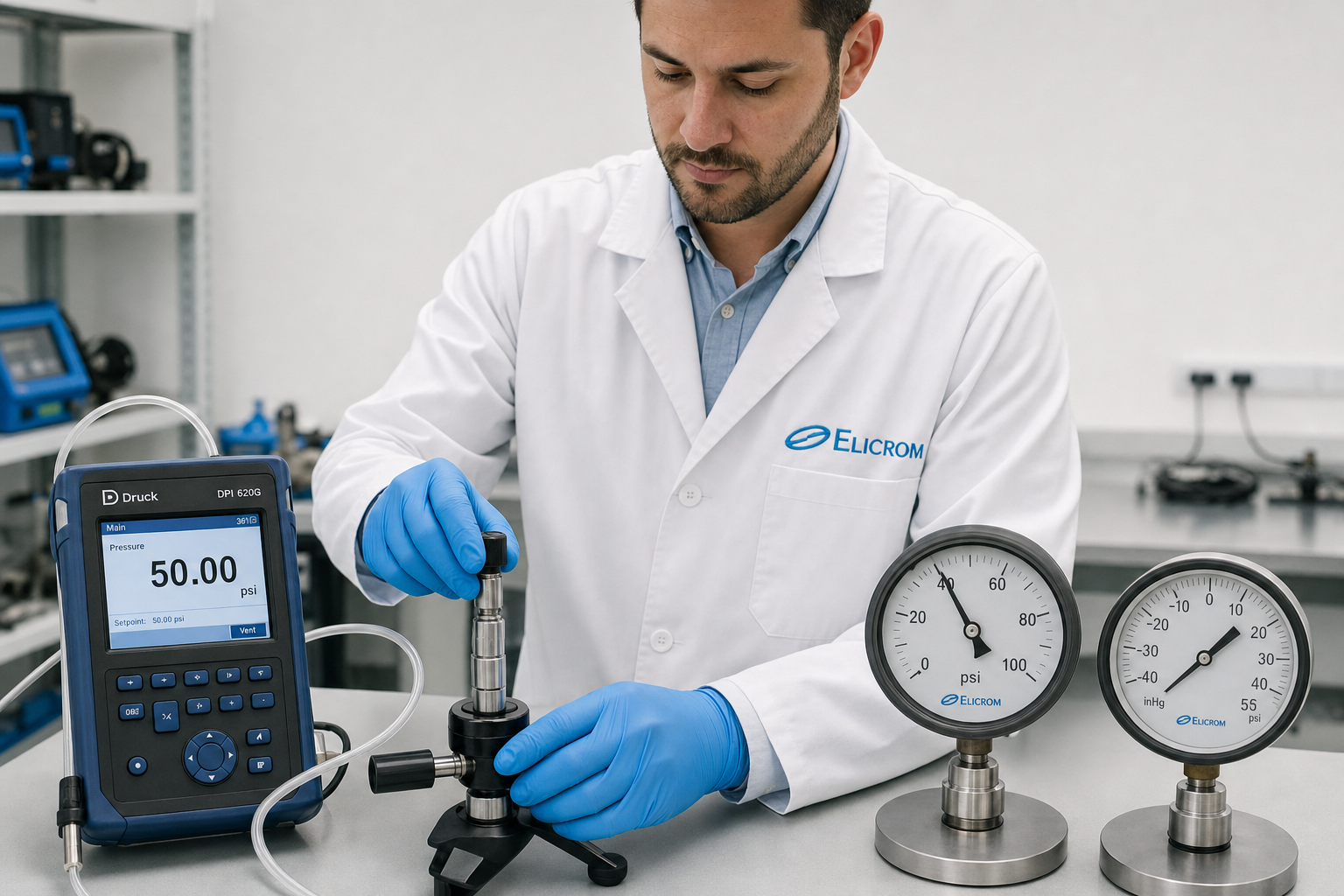 Técnico de ELICROM Argentina calibrando manómetro digital en Buenos Aires