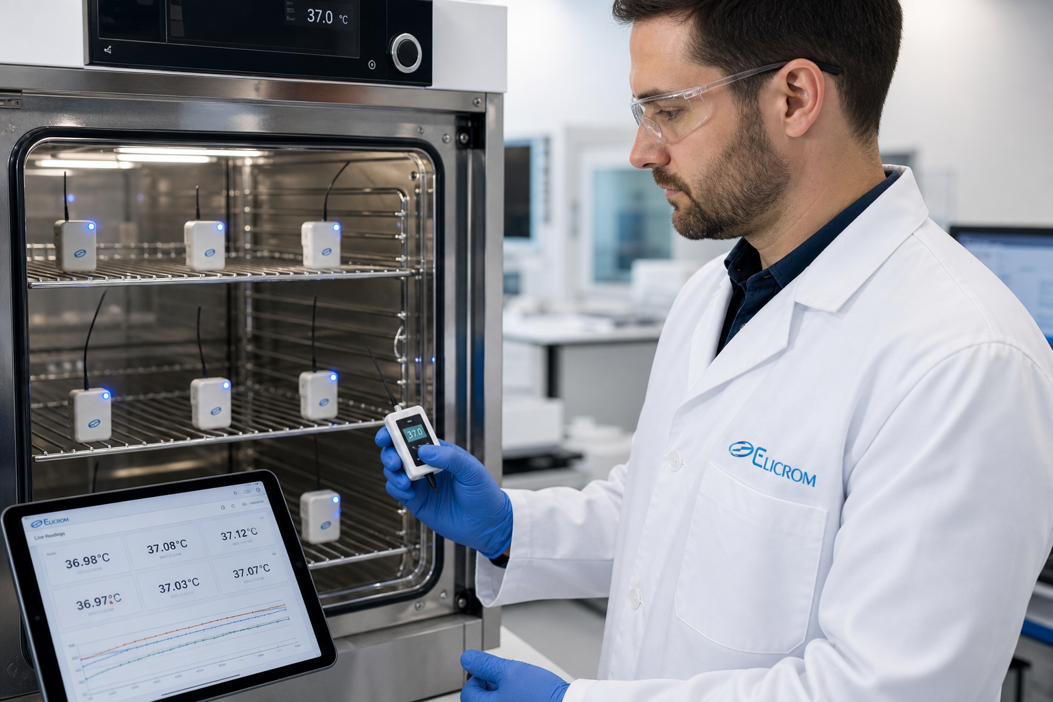 Técnico de ELICROM Argentina realizando mapeo térmico en incubadora en Buenos Aires