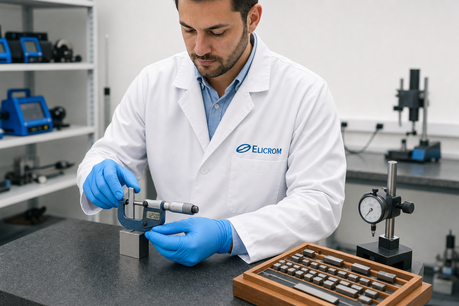 Técnico de ELICROM Argentina calibrando micrómetro exterior en Buenos Aires