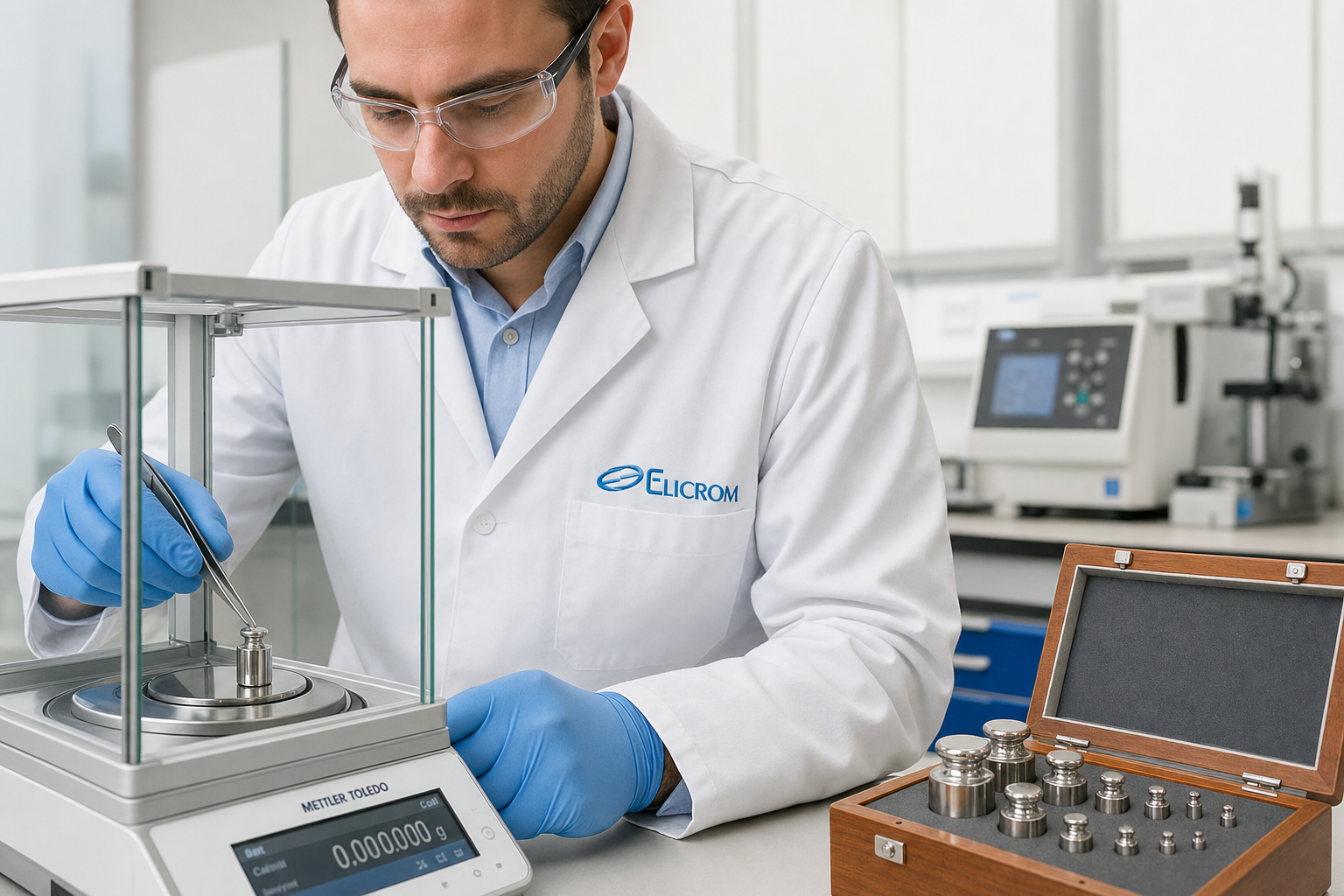 Técnico de ELICROM Argentina calibrando pesas patrón OIML en Buenos Aires