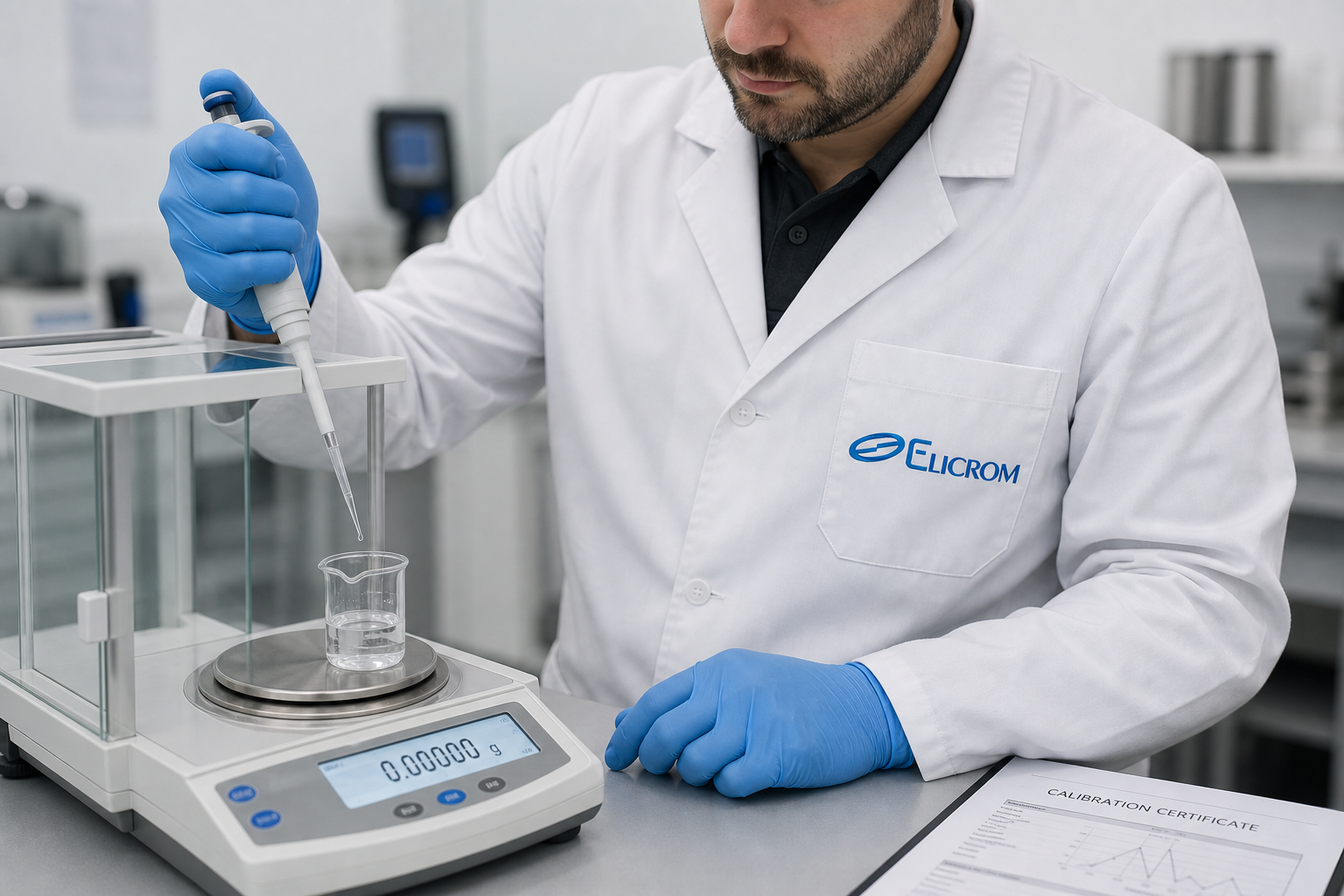 Técnico de ELICROM Argentina calibrando micropipeta en Buenos Aires