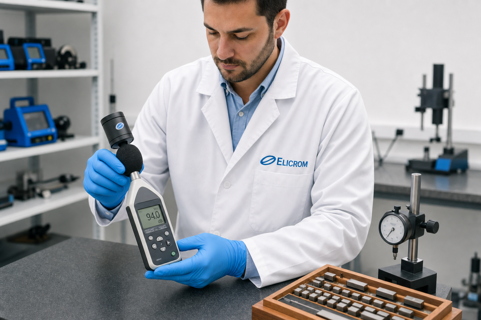 Técnico de ELICROM Argentina calibrando sonómetro integrador en Buenos Aires
