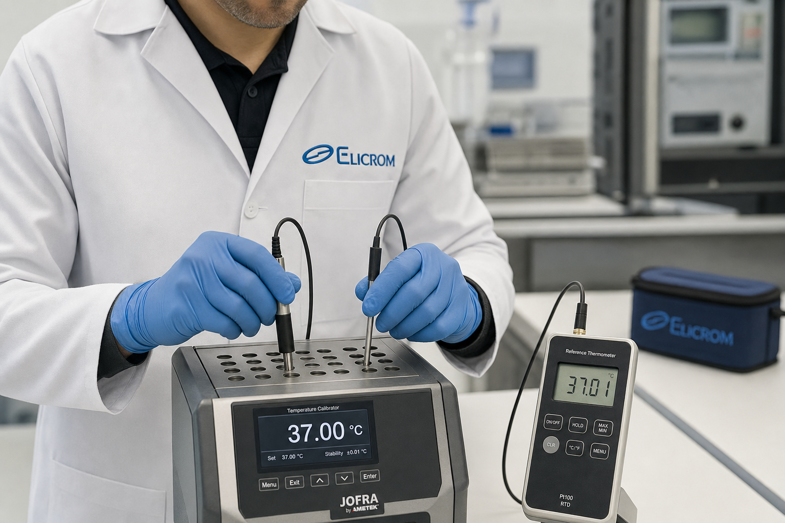 Técnico de ELICROM Argentina calibrando termómetro digital en bloque de temperatura Buenos Aires