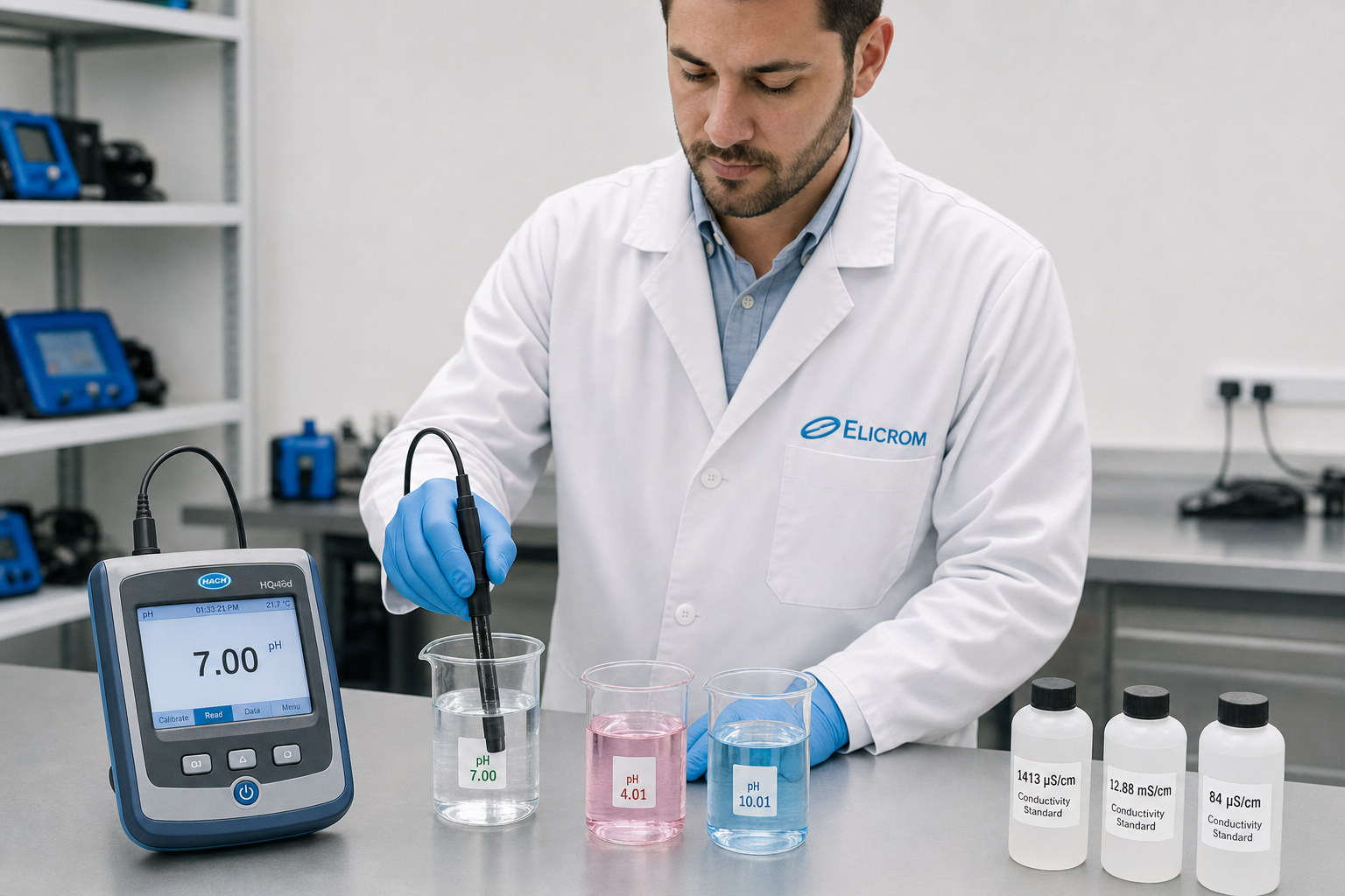 Técnico de ELICROM Argentina calibrando multiparámetro de calidad de agua en Buenos Aires